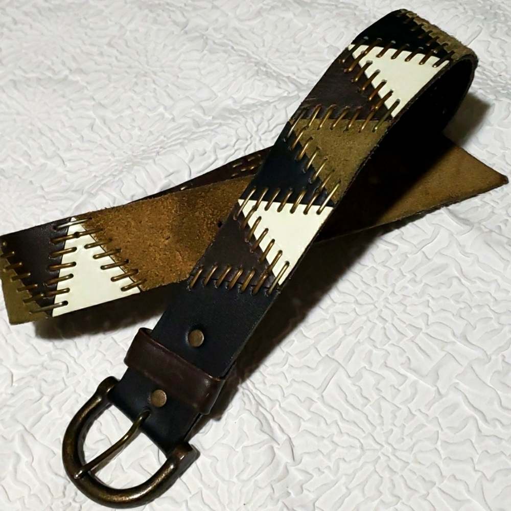 Vintage 90s Heavy Chunky Suede/Leather Patchwork And Brass Hip Belt, Size 36/34